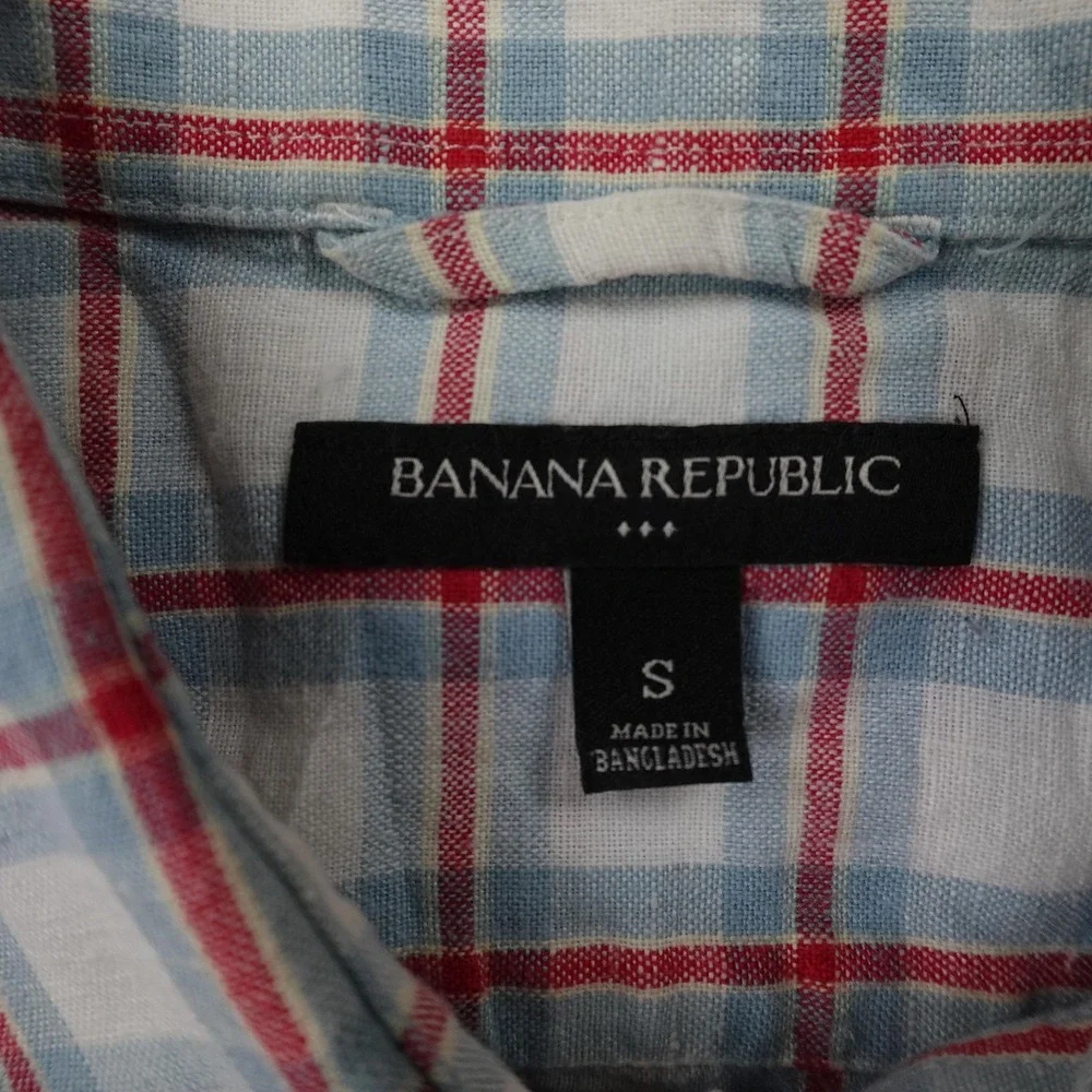 Banana Republic Shirt‎ Mens S White Plaid Linen Blend Short Sleeve Lightweight